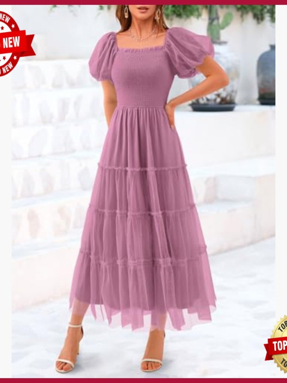 Smocked Midi Tulle Dress Puffy Sleeve Square Neck Wedding Guest Party - Picture 6 of 7